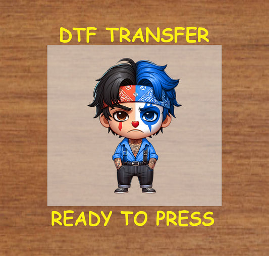 “Chicano Cartoon” ready to press DTF transfer! This cute design features Chicano character with a red and blue accents.