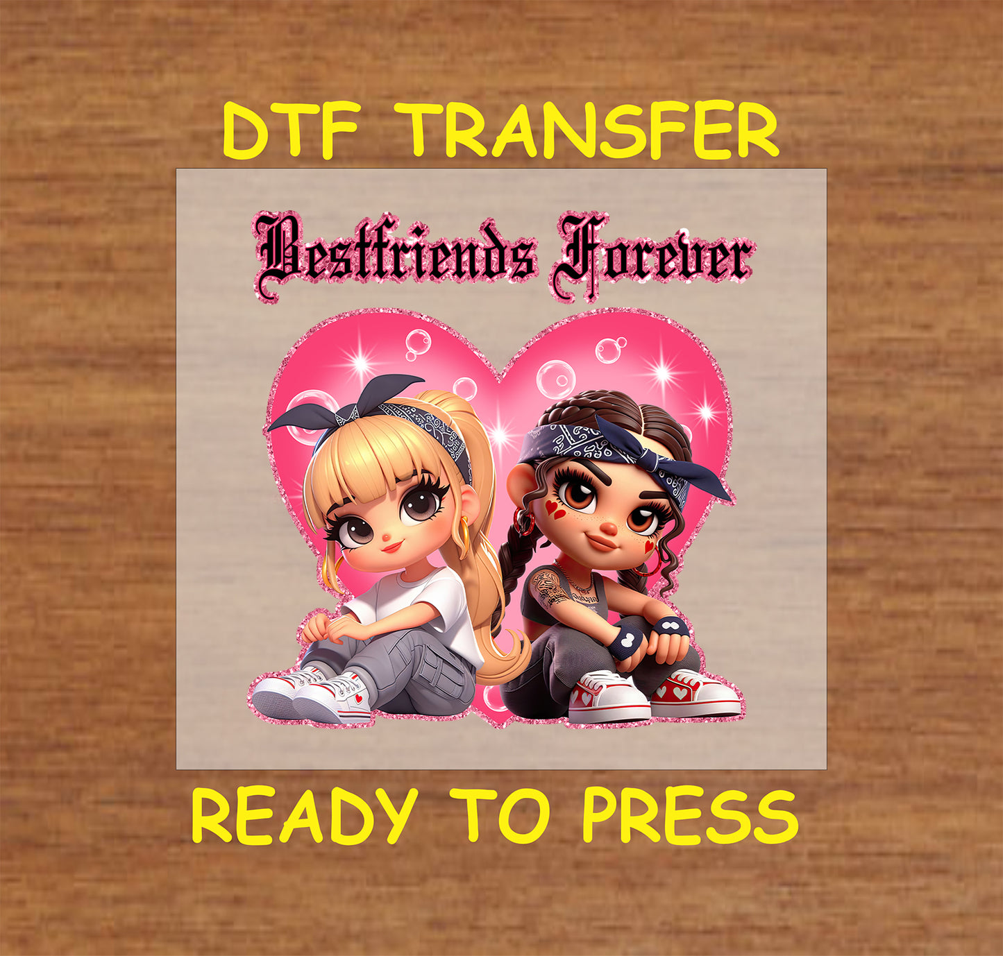 “Best friends forever” DTF transfer! This cute design features two Chicano characters with a pink heart accent,