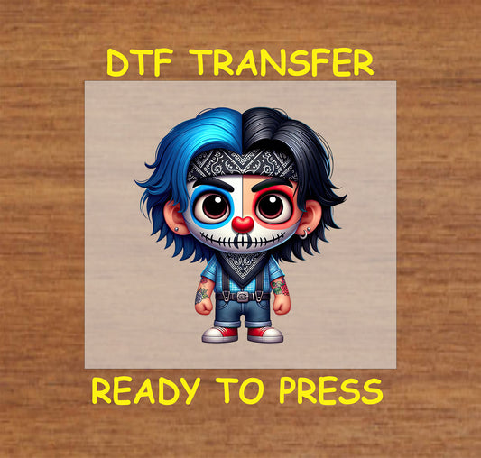 “Chicano Cartoon” ready to press DTF transfer! This cute design features Chicano character with a red and blue accents.