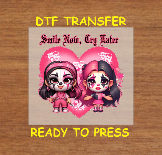 "Chicano-inspired DTF transfer with Smile Now Cry Later design, featuring two cute characters, ready-to-press print."