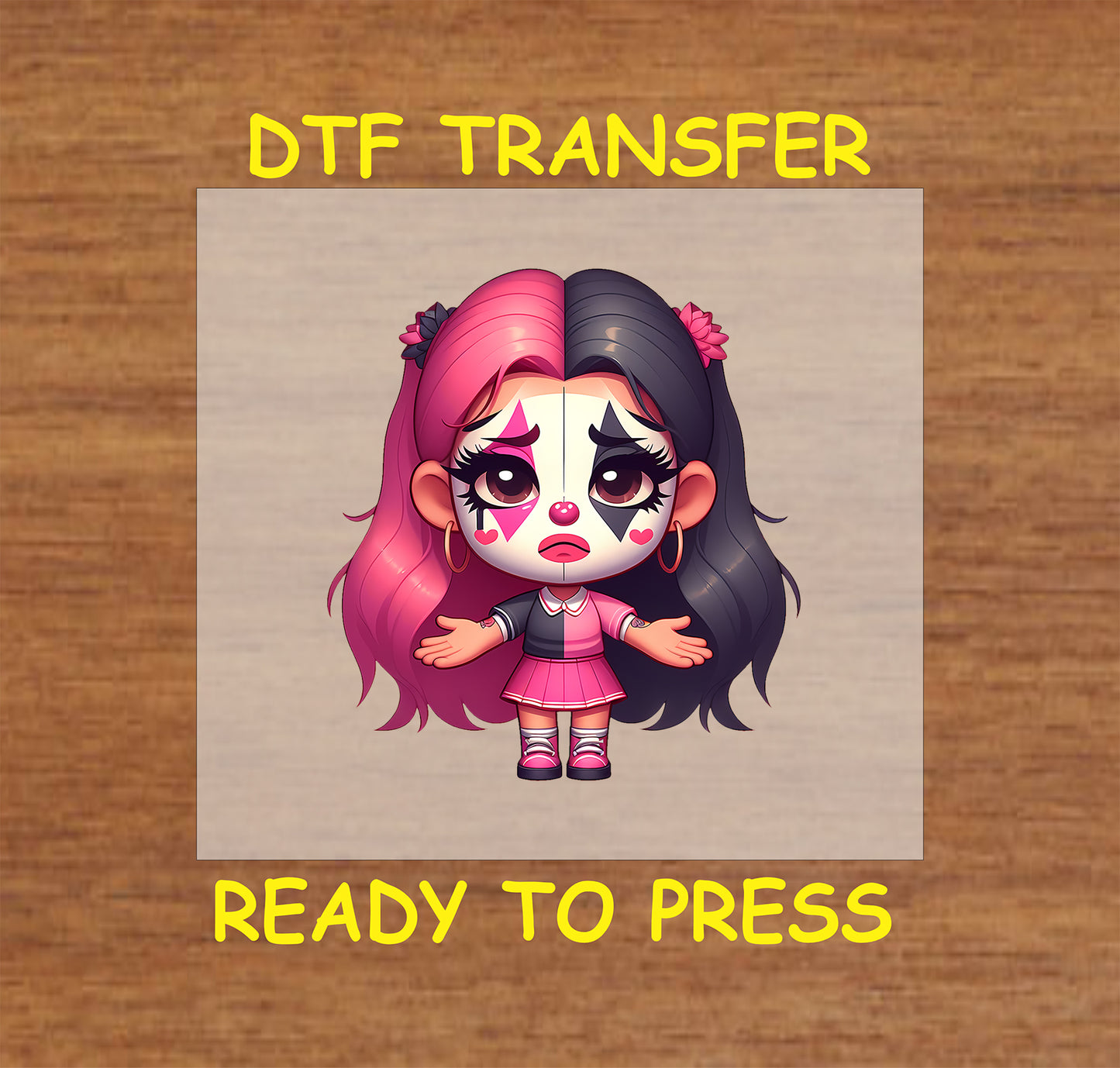 "Chicano-inspired Sad Girl DTF transfer design with two-tone hair, ready-to-press print for apparel and crafts."