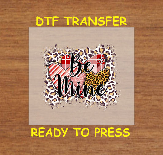 Be Mine DTF Transfer with hearts, plaid, and leopard print – Valentine's Day Ready to Press.