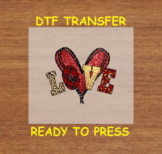 "LOVE" DTF transfer with hearts, glitter, plaid, and leopard print, ready to press.