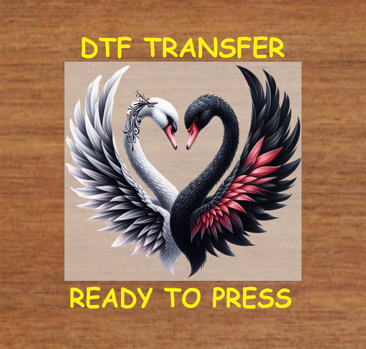 Black and white swans forming a heart shape with wings, ready-to-press DTF transfer.