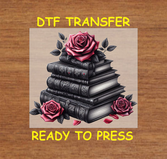 Gothic black books with red roses and petals, ready-to-press DTF transfer.