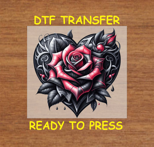 Gothic heart with a red rose and intricate details, ready-to-press DTF transfer.