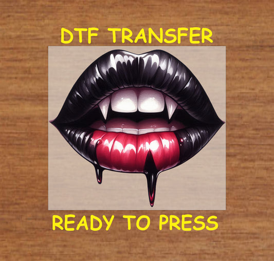 Vampire lips with sharp fangs and dripping blood, ready-to-press DTF transfer.