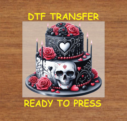 Gothic black and red cake with skull, roses, and candles, ready-to-press DTF transfer.