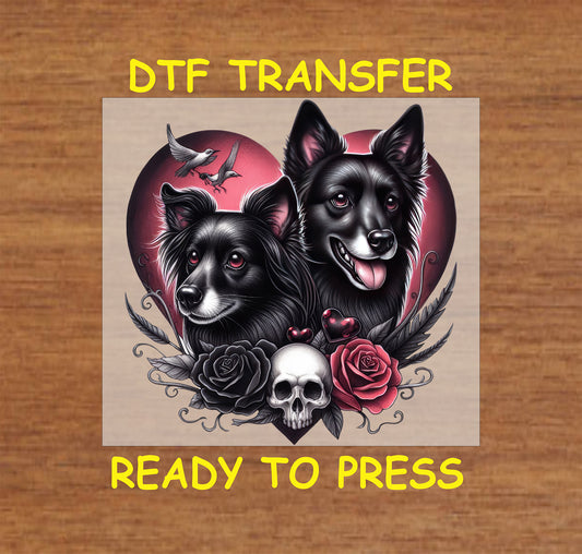 Two black dogs with Gothic roses, skull, and heart background, ready-to-press DTF transfer.