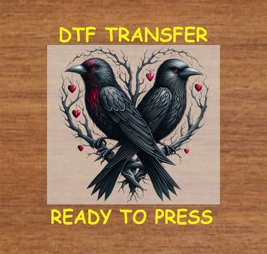 Two Gothic crows perched on branches with red hearts, ready-to-press DTF transfer.