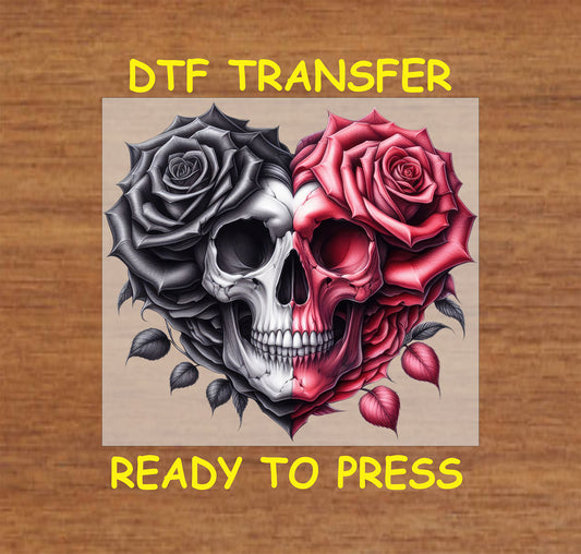 Split red and white skull surrounded by black and red roses, ready-to-press DTF transfer.