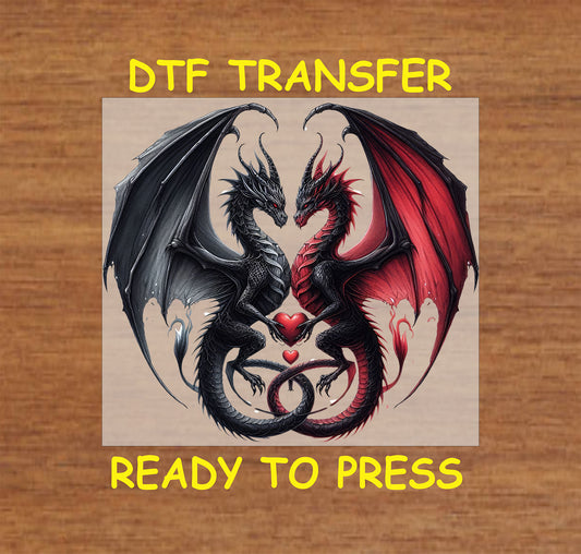 Two dragons, black and red, forming a heart shape with wings and tails, ready-to-press DTF transfer.