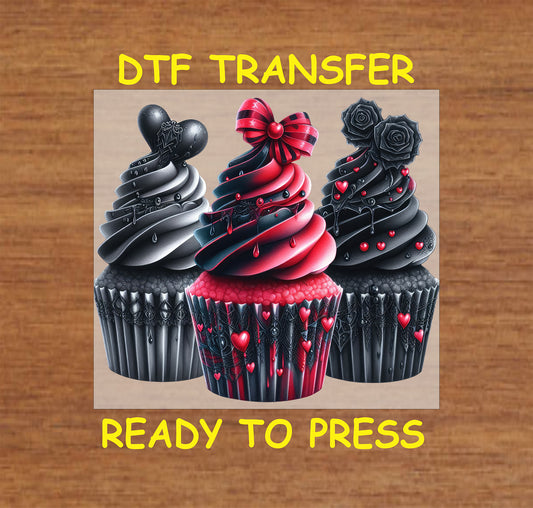 Gothic black and red cupcakes with roses, bow, and heart, ready-to-press DTF transfer.