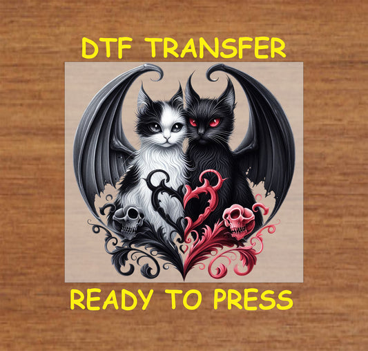 Two cats with Gothic wings, skull, and heart detail, ready-to-press DTF transfer.