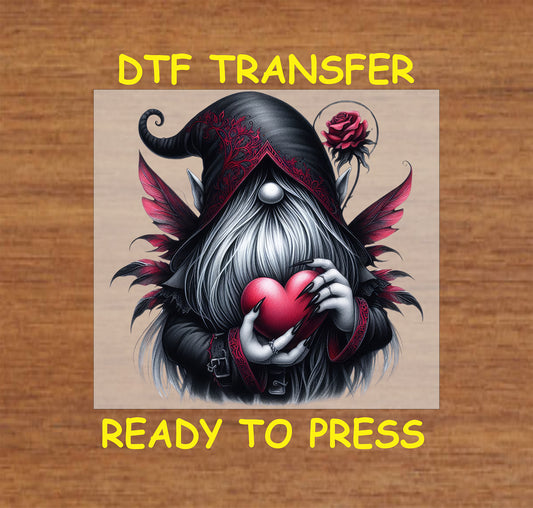 Black and red detailed gnome with wings, holding a heart and rose, ready-to-press DTF transfer.