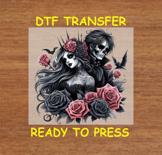 Gothic couple with bat, roses, and crow, ready-to-press DTF transfer.