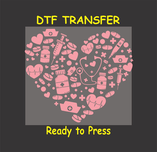 Heart-shaped medical design with stethoscopes, syringes, pills, and nurse hats, ready-to-press DTF transfer.