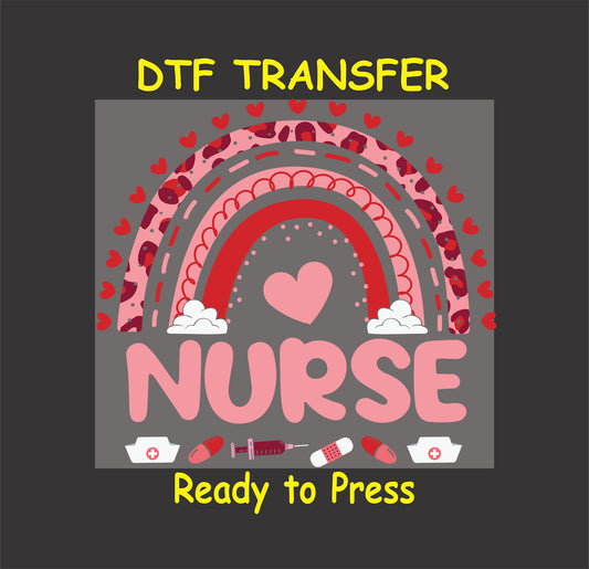 "Nurse Rainbow" design with hearts, syringes, and nurse hats, ready-to-press DTF transfer.