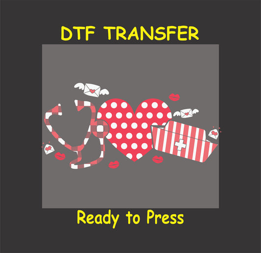 Polka dot heart with buffalo plaid stethoscope and striped nurse hat, ready-to-press DTF transfer.