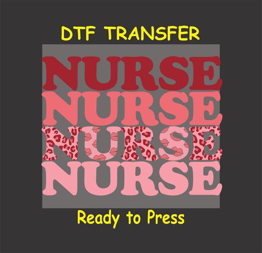 "NURSE" multi-layered design with leopard print, lips, and solid red text, ready-to-press DTF transfer.