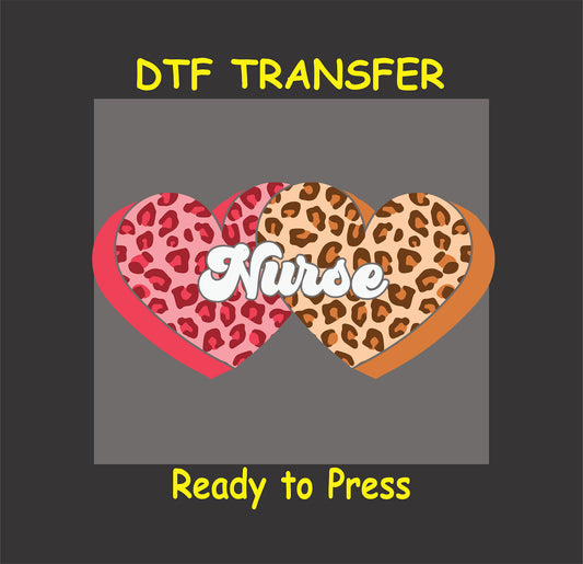 "Nurse" design with red and orange leopard print hearts, ready-to-press DTF transfer.