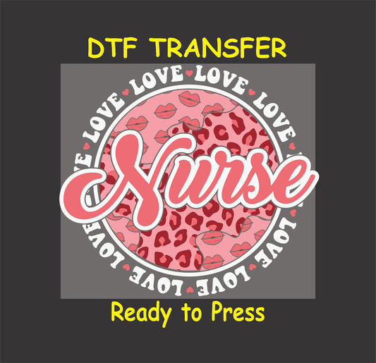 "Nurse Love Circle" design with leopard print, lips, and repeating "LOVE" text, ready-to-press DTF transfer.