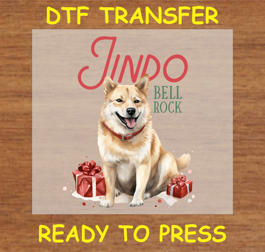 Jindo dog with Christmas gifts and the text "Jindo Bell Rock" DTF transfer.