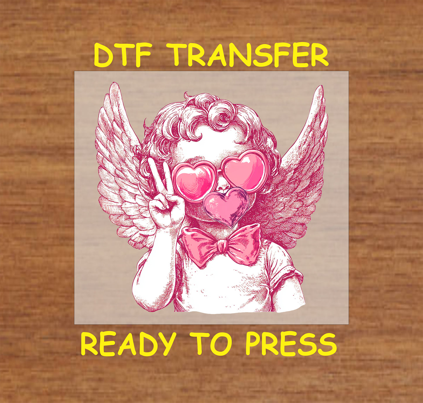 DTF transfer featuring a Valentine's Cupid with angel wings, heart-shaped glasses, and a peace sign gesture.