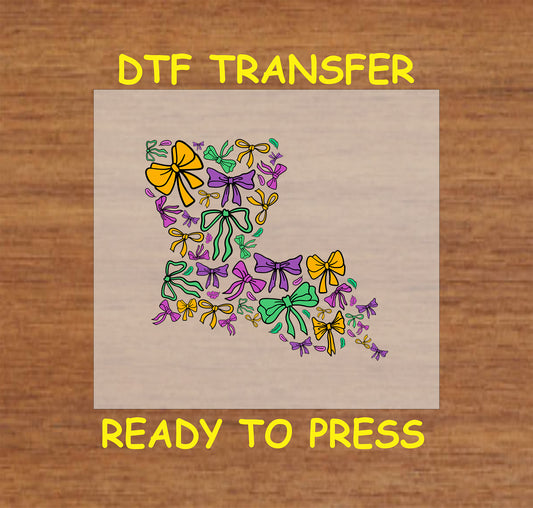 DTF transfer featuring a Louisiana map filled with purple, green, and gold bows, perfect for Mardi Gras-themed designs.