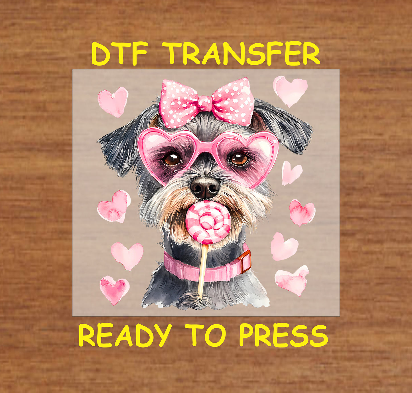 Dog Valentine's Day DTF Transfer Iron On Heat Transfer - Ready to Press, Valentine's Day Mini Schnauzer with Heart Glasses Design 2734