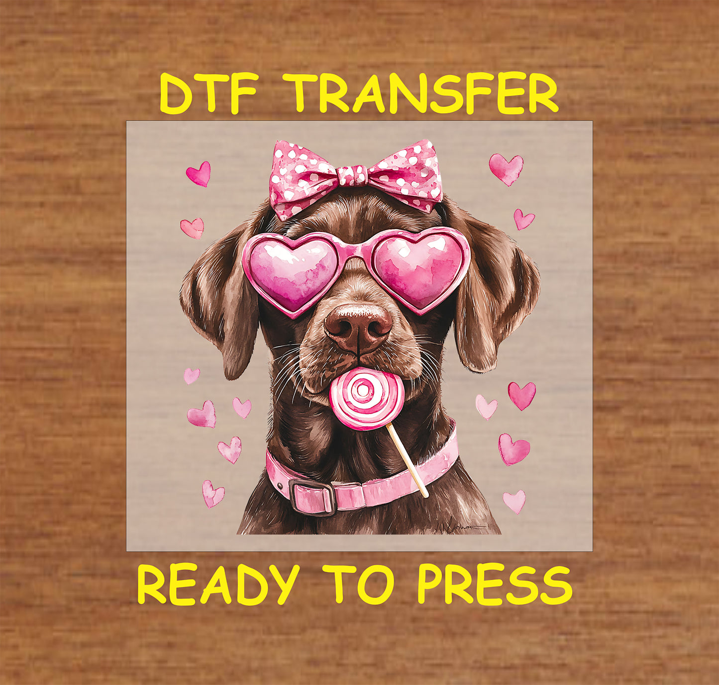 DTF transfer featuring a Chocolate Labrador with pink heart-shaped glasses, a polka dot bow, and holding a lollipop, surrounded by pink hearts.