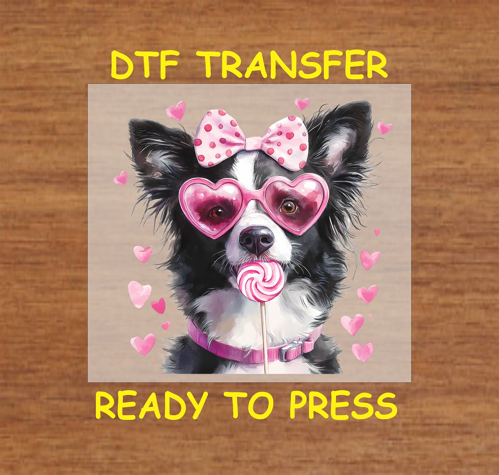 DTF transfer featuring a Border Collie with pink heart-shaped glasses, a polka dot bow, and a lollipop, surrounded by pink hearts.