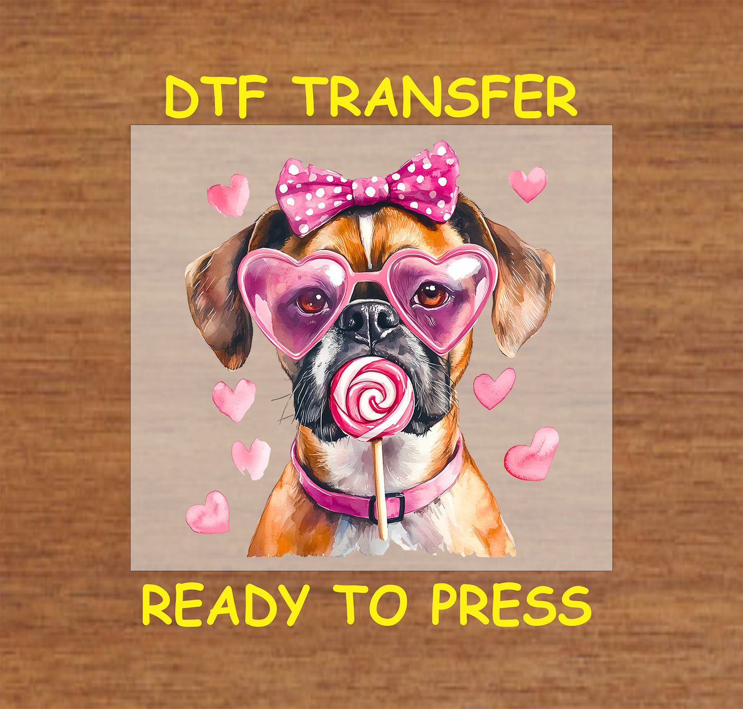 DTF transfer featuring a Boxer with pink heart-shaped glasses, a polka dot bow, and a lollipop, surrounded by pink hearts.