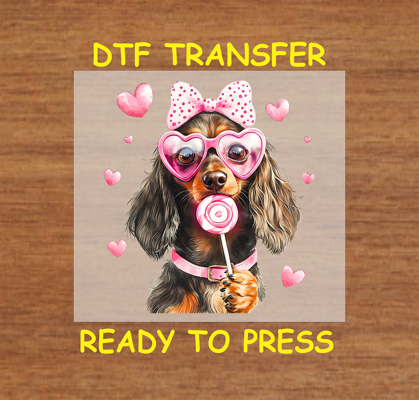 DTF transfer of a long-haired Dachshund with pink heart-shaped glasses, a polka-dot bow, and holding a lollipop, surrounded by hearts for Valentine's Day.