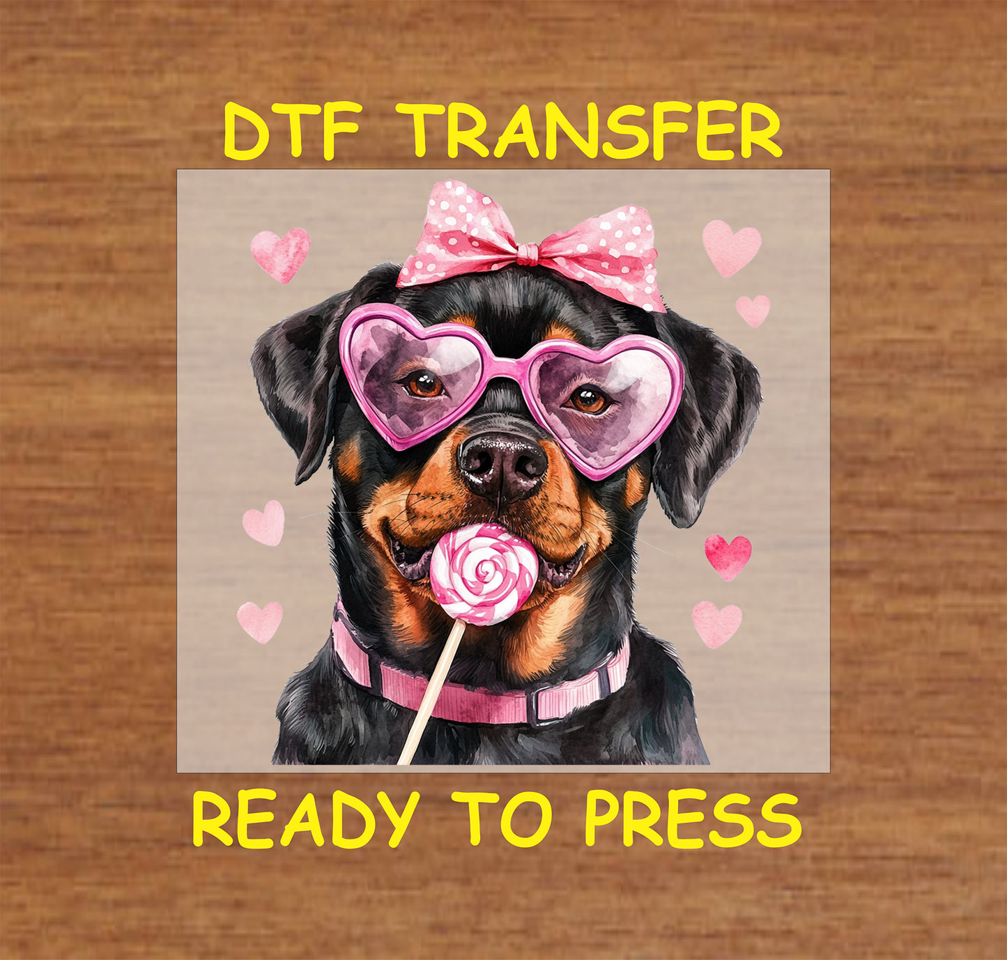 DTF transfer of a Rottweiler with pink heart-shaped glasses, a polka-dot bow, and holding a lollipop surrounded by hearts for Valentine's Day.