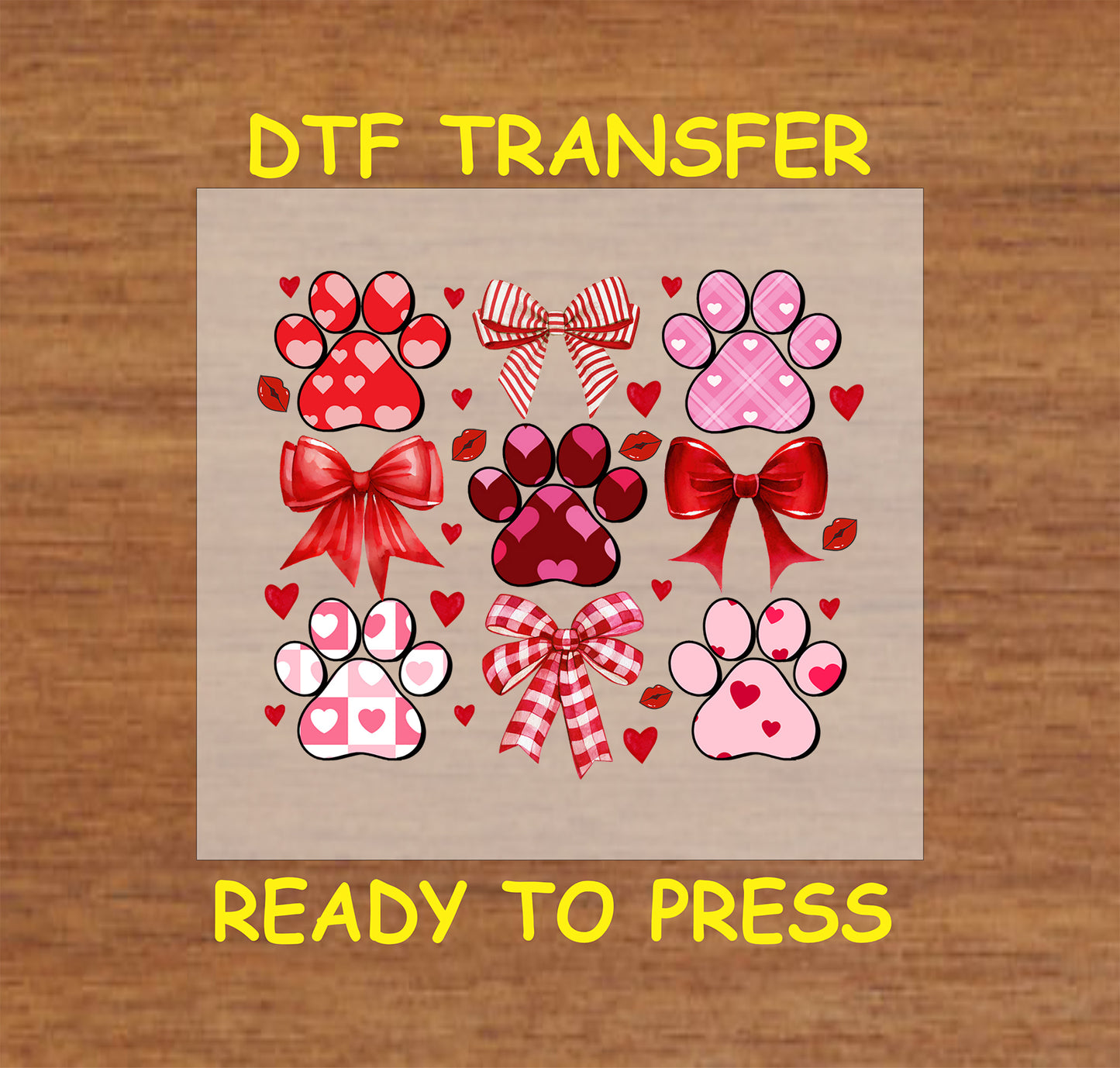 DTF transfer featuring Valentine's-themed paw prints with bows, hearts, and lips. Ideal for pet-themed crafts and gifts.