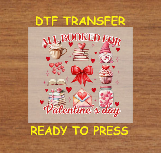 DTF transfer design featuring Valentine's Day elements such as books, hearts, a red bow, and a love-themed cupcake.