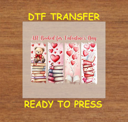 DTF transfer featuring a Valentine's Day design with books, hearts, balloons, and a teddy bear, perfect for book lovers.