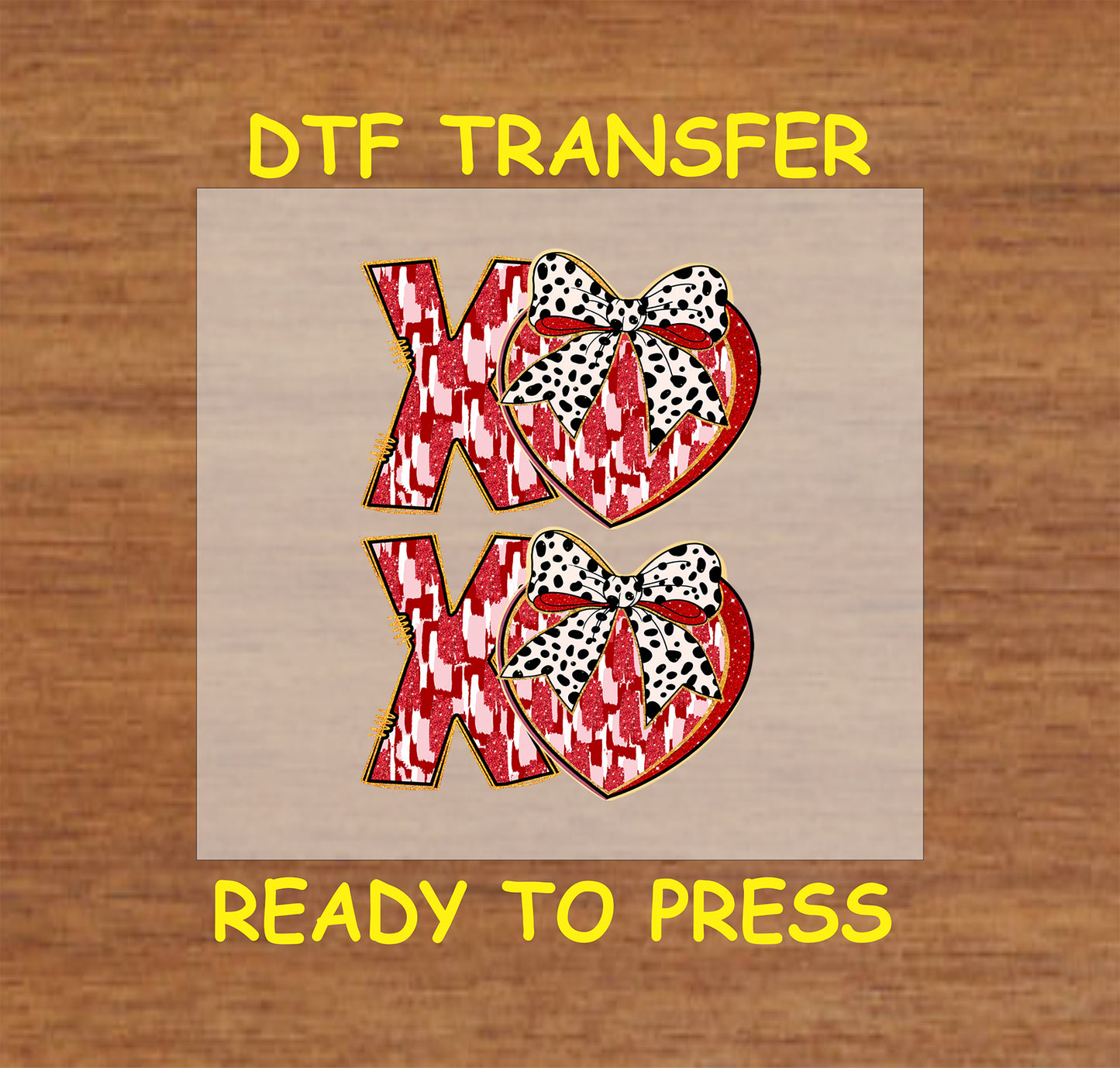 DTF transfer with bold "XO" Valentine design, featuring a red pattern and heart-shaped bow with Dalmatian print, perfect for Valentine's Day crafts.