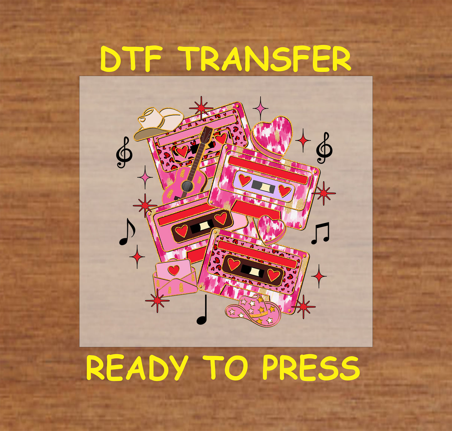 Retro Valentine's Day DTF transfer featuring colorful cassette tapes, hearts, music notes, and star accents, perfect for crafting and DIY gifts.