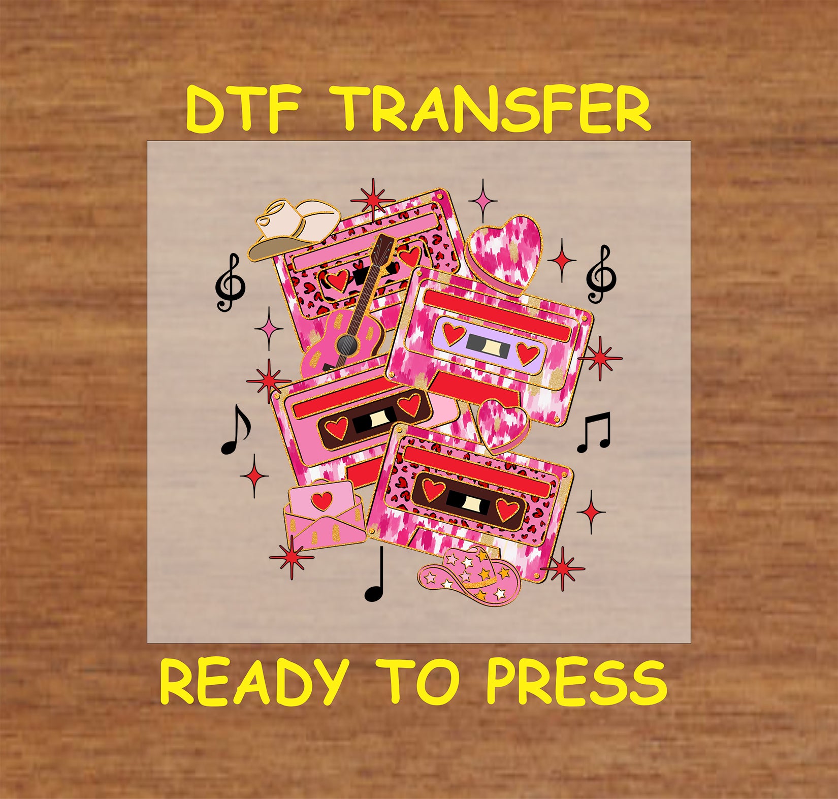 Retro Valentine's Day DTF transfer featuring colorful cassette tapes, hearts, music notes, and star accents, perfect for crafting and DIY gifts.