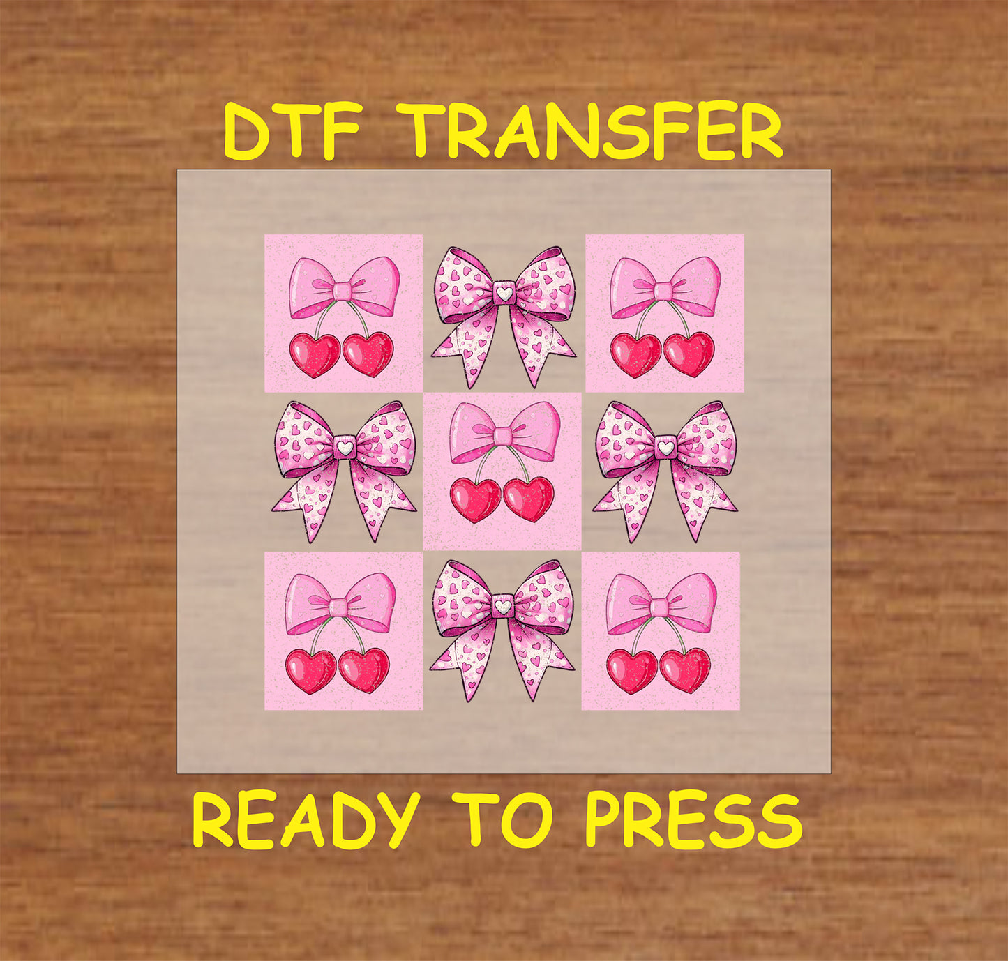 DTF transfer featuring pink bows and red glitter hearts in a grid pattern, ideal for Valentine's Day crafts, DIY apparel, and festive gifts.