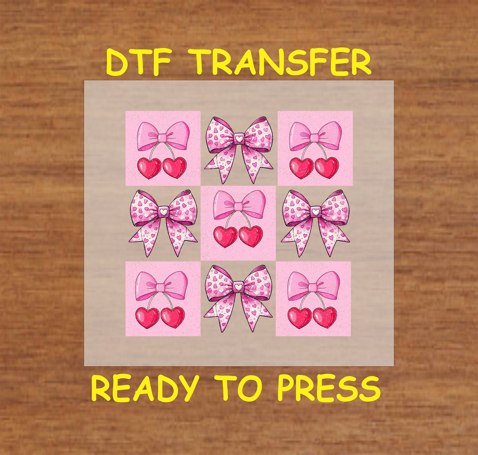 DTF transfer featuring pink bows and red glitter hearts in a grid pattern, ideal for Valentine's Day crafts, DIY apparel, and festive gifts.