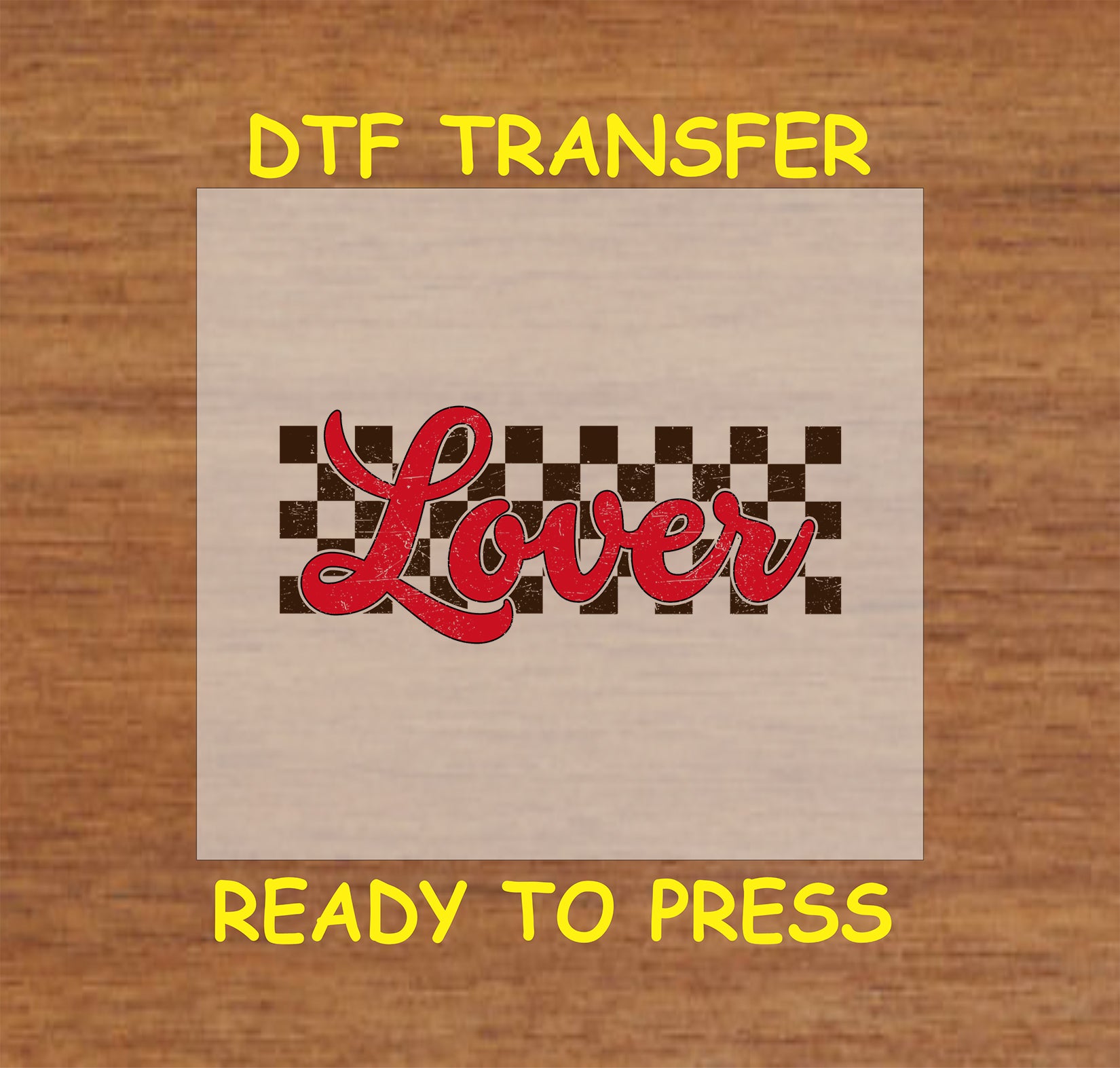 Checkered Valentine's Day DTF transfer with distressed red "Lover" text and a retro aesthetic.