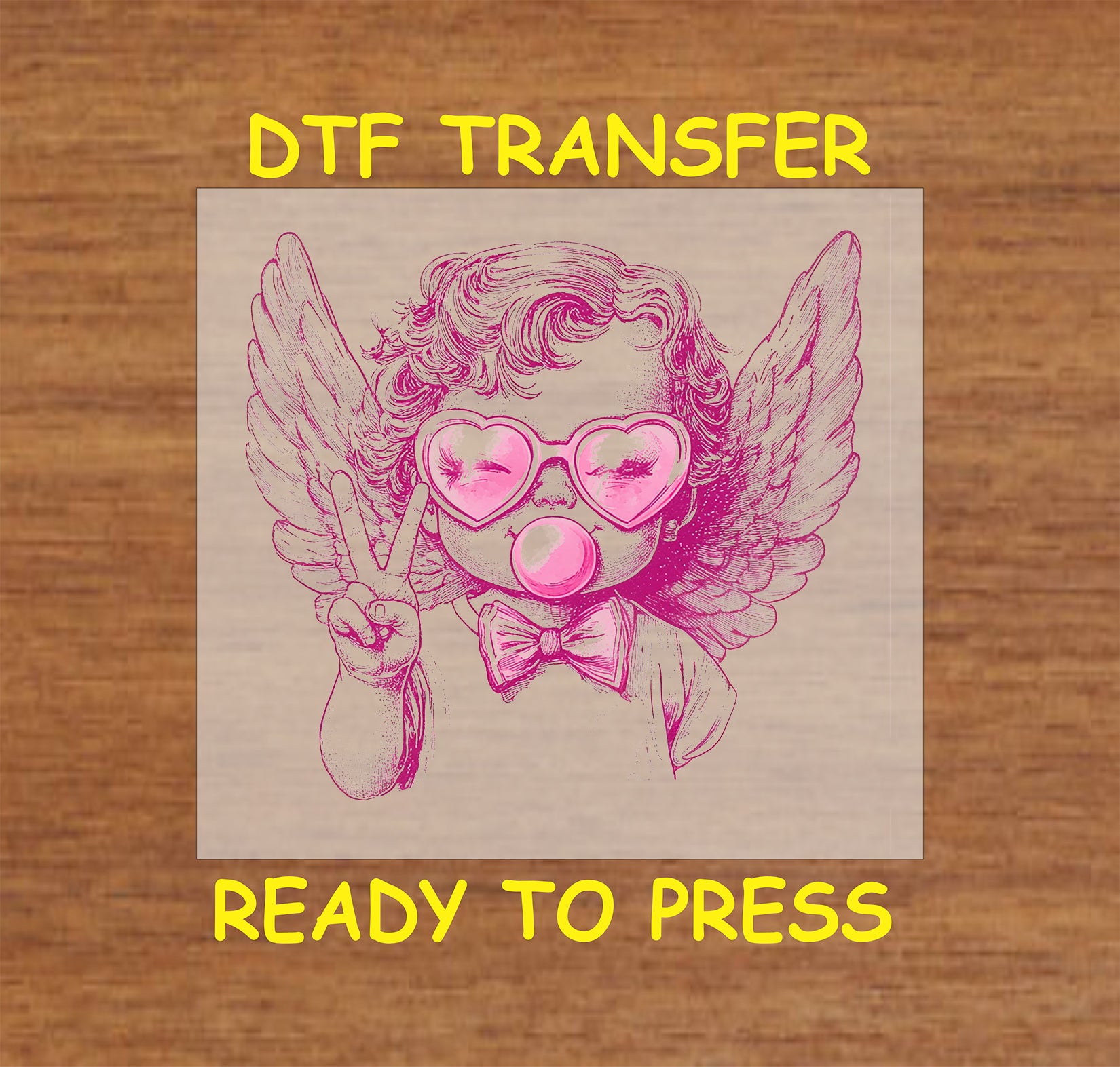 Pink "Bubblegum Cupid" Valentine's Day DTF transfer featuring a cupid with heart-shaped glasses, wings, and a playful peace sign.