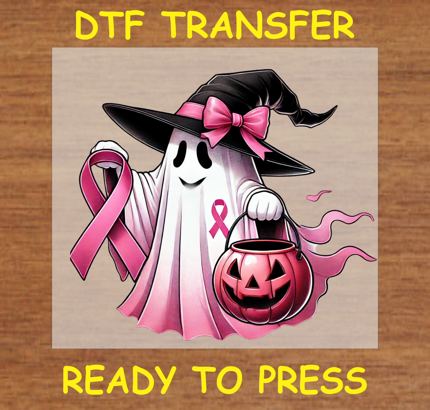 Breast Cancer Awareness ghost with a pink ribbon and witch hat, ready to press DTF transfer.