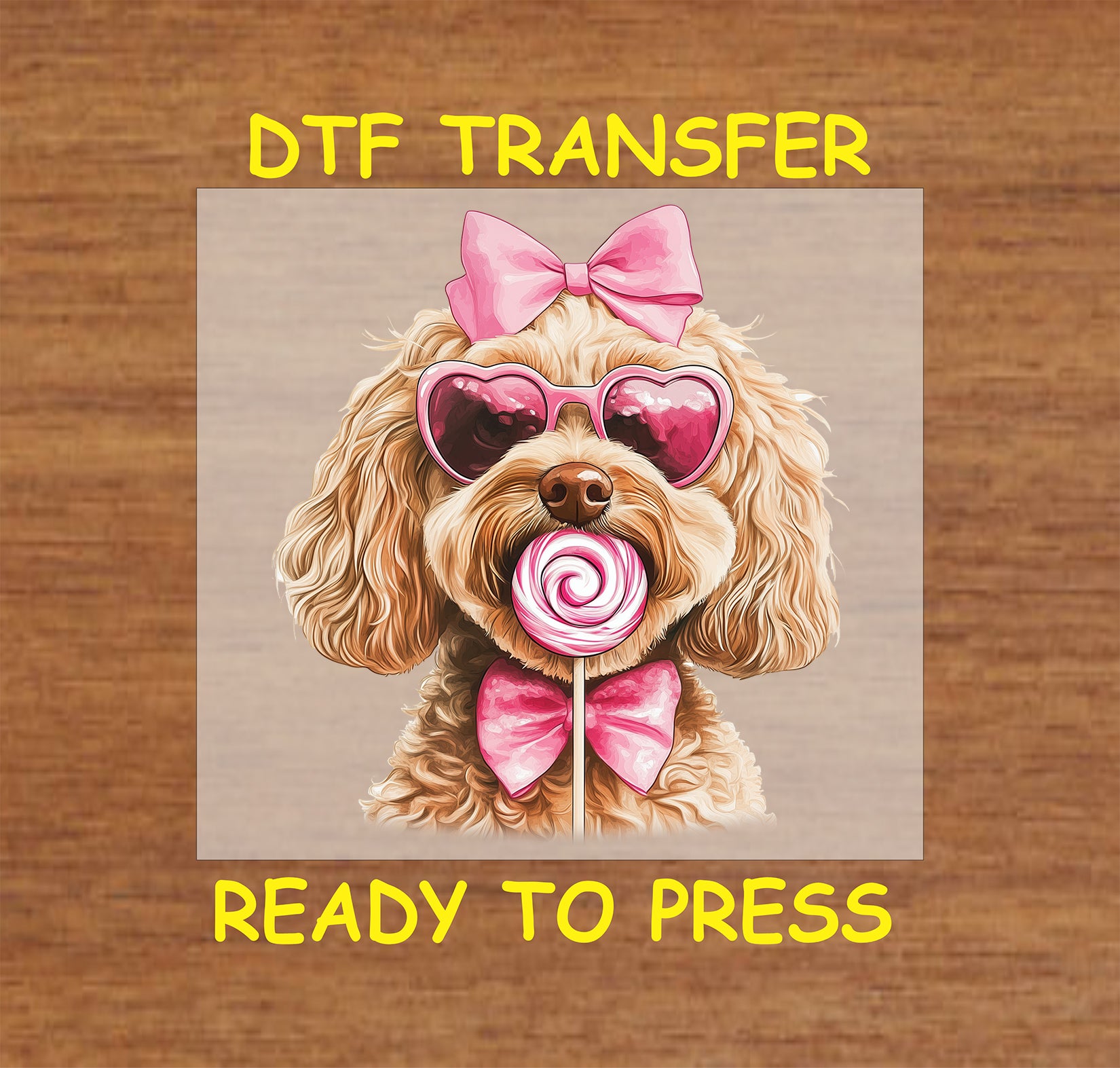 Valentine's Doodle Dog DTF Transfer featuring a cute dog with heart sunglasses, a bow, and a lollipop.