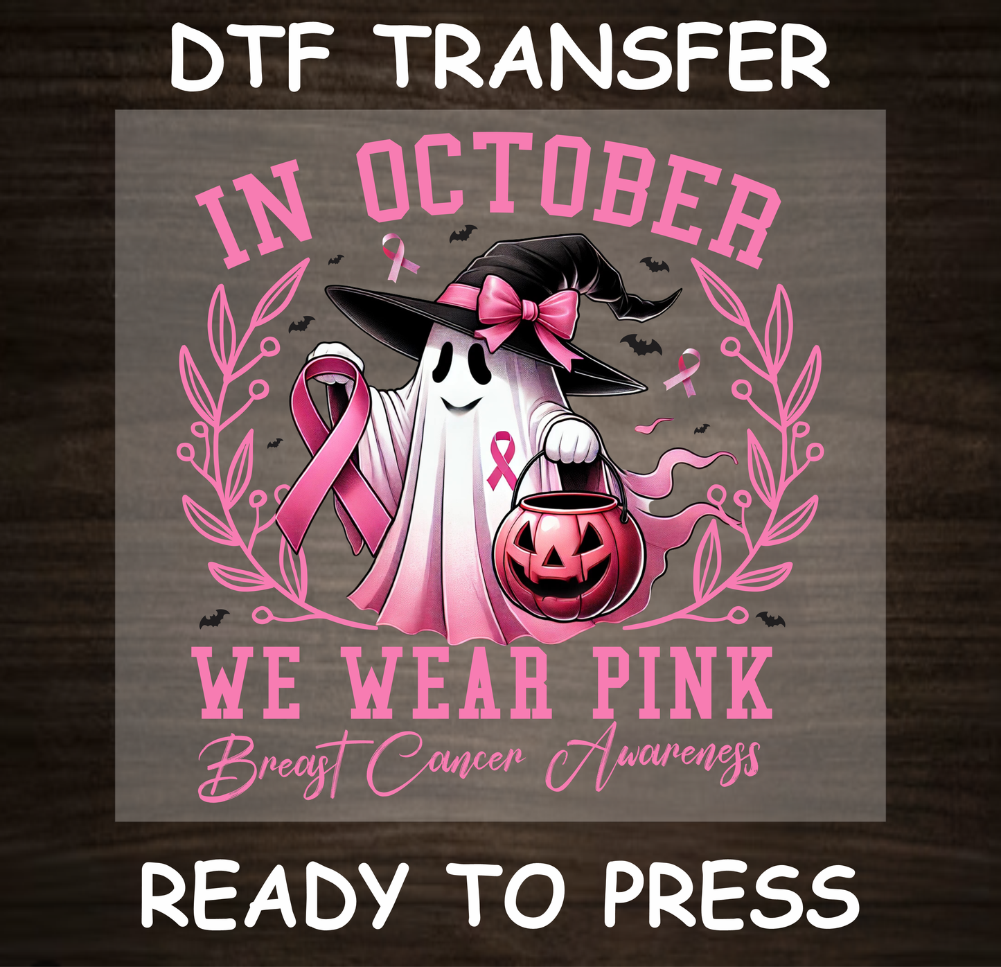 Breast Cancer Awareness ghost with pink ribbon and witch hat, ready to press DTF transfer.