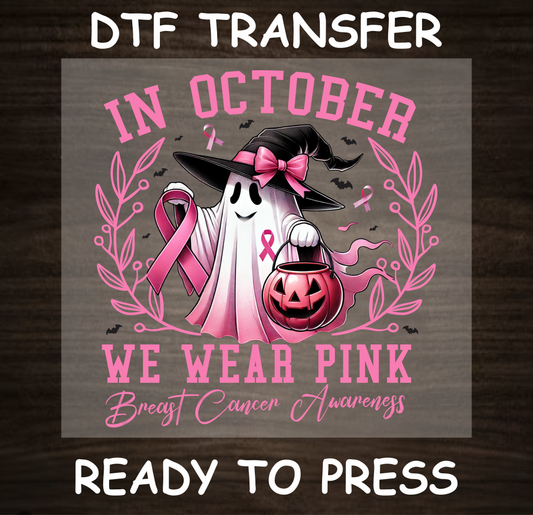 Breast Cancer Awareness ghost with pink ribbon and witch hat, ready to press DTF transfer.