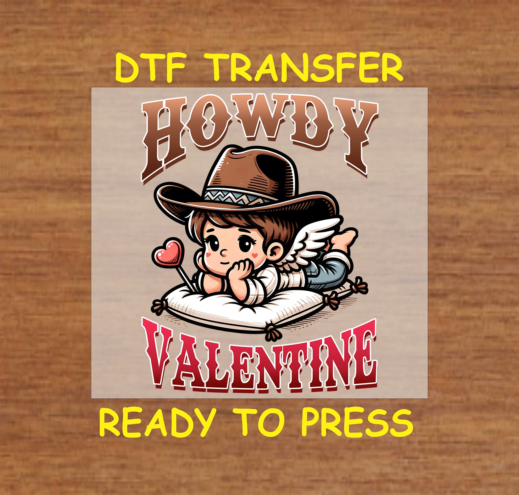 Cute cowboy angel with wings and a Valentine heart, ready-to-press DTF transfer for crafting and apparel.